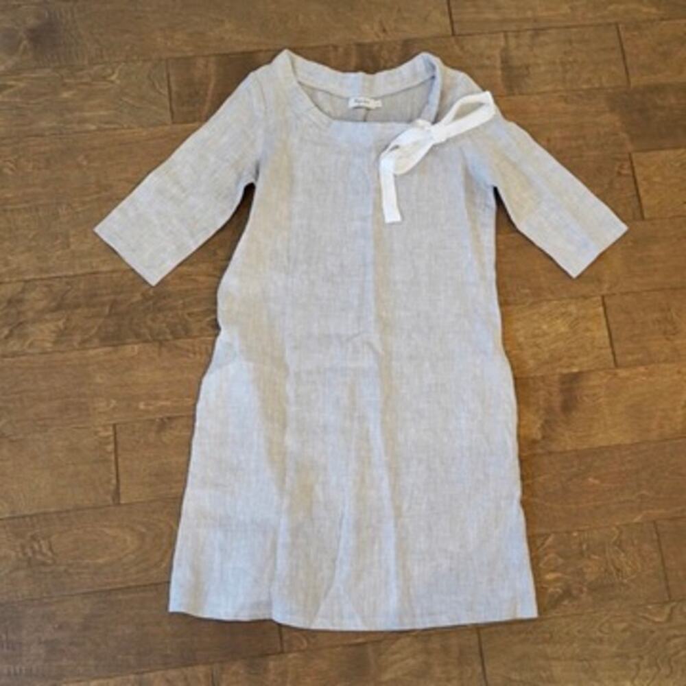 Magic Linen 3/4 Sleeve Boho lagenlook Front Bow Pullover Dress Beige Size XS